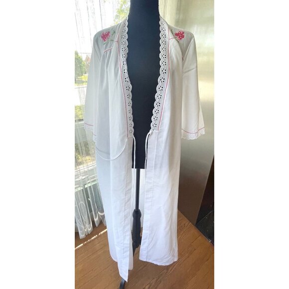 Vintage 80s peignoir, white robe with pink embroidery, Lorraine's Lingerie - Picture 8 of 10